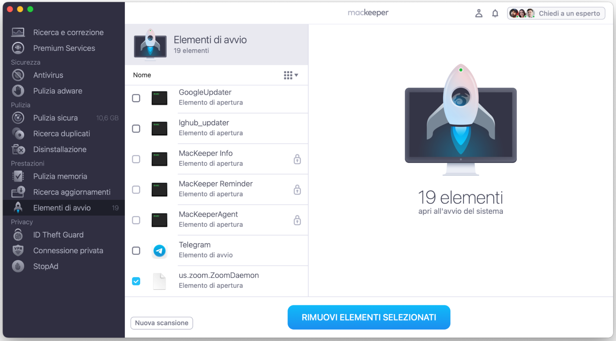 Lascia che MacKeeper esegua la scansione del Mac: dopo pochi secondi vedrai l’elenco dei processi di avvio e di login. Se ci sono voci che non riconosci o che sospetti siano dannose, selezionale e fai clic su Rimuovi Elementi Selezionati.