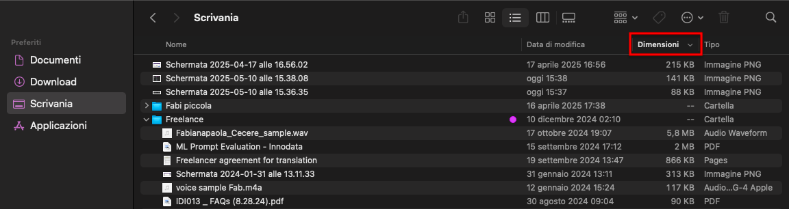 La cartella Scrivania nel Finder su Mac con tutti i file ordinati per dimensione. Eliminare i file di grandi dimensioni non necessari per liberare spazio sul disco sul Mac.