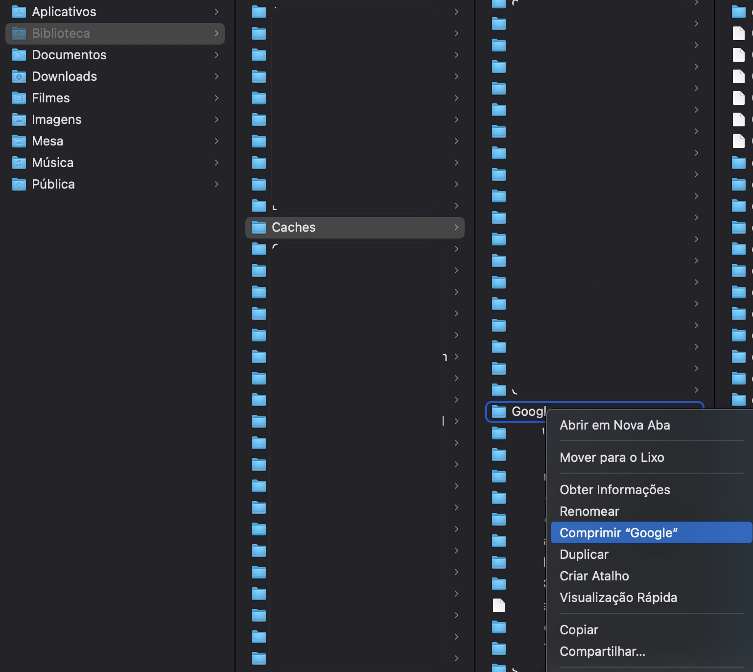 Mova para o Lixo os arquivos e pastas desejados clicando com o botão direito sobre eles e selecionando a opção Mover para o Lixo.