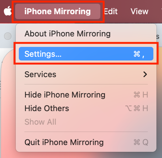 To reset your iPhone Mirroring settings on your Mac, relaunch the app, click iPhone Mirroring in the menu bar, then select Settings.