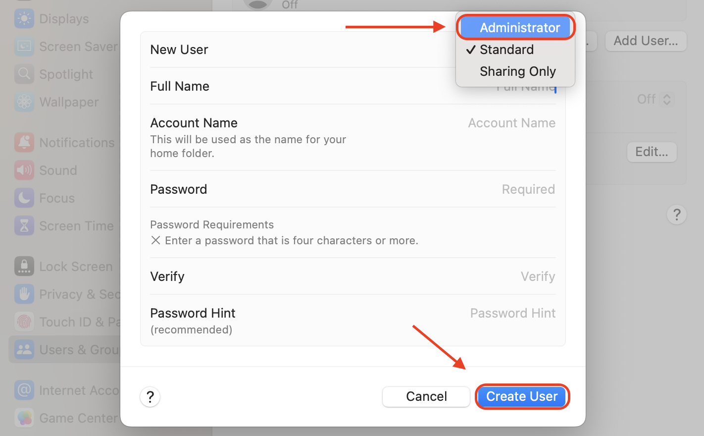 Choose Administrator as the account type, then click Create User to set up a profile with full system access for testing or troubleshooting purposes.