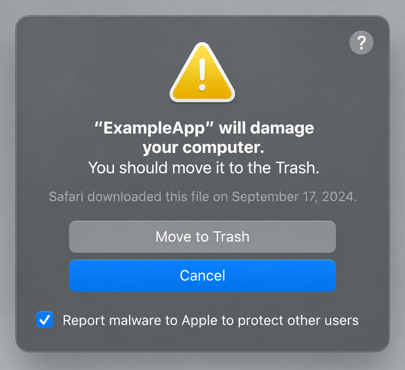 A macOS security dialog on a Mac warning that an app will damage your computer, with Move to Trash and Cancel buttons shown.
