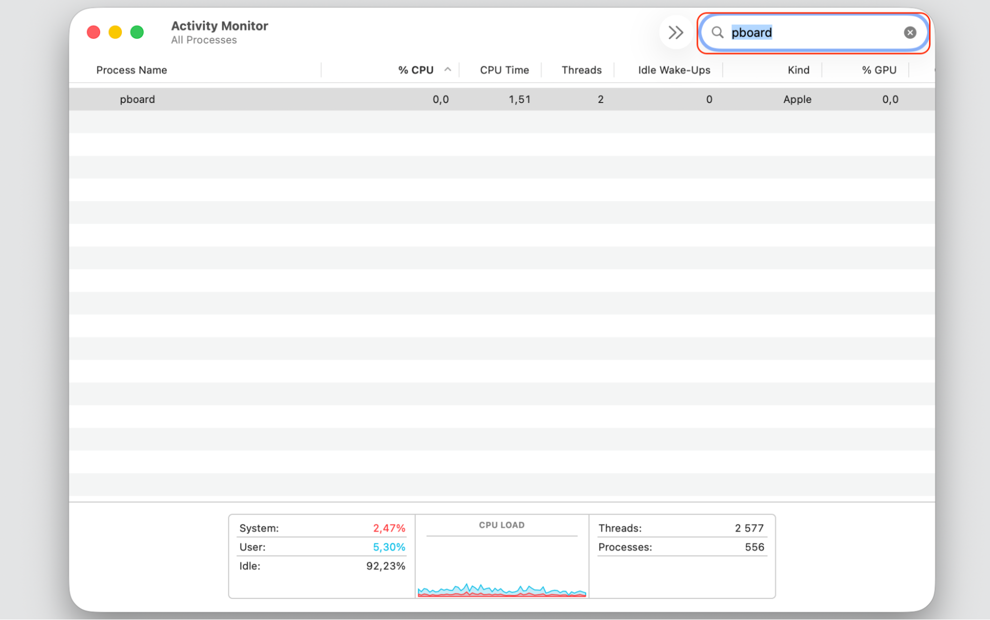 Activity Monitor search field on macOS with pboard typed in, filtering to the pasteboard process behind the clipboard not allowed error.