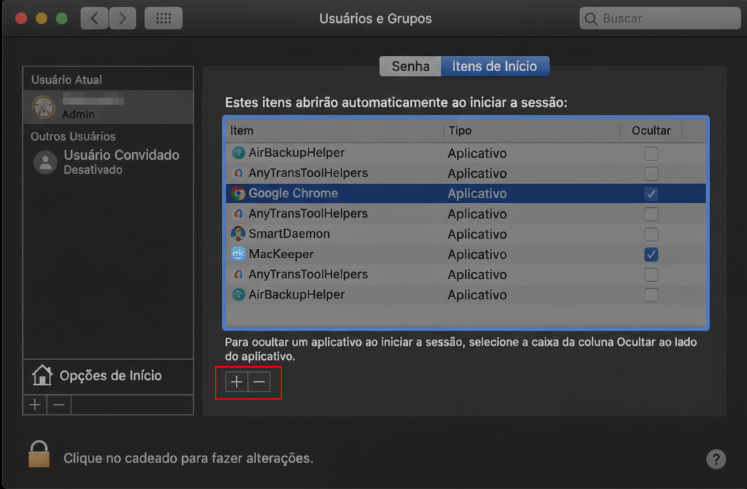 A janela Usuários e Grupos demonstra que a segunda aba a ser escolhida é Itens de Início.