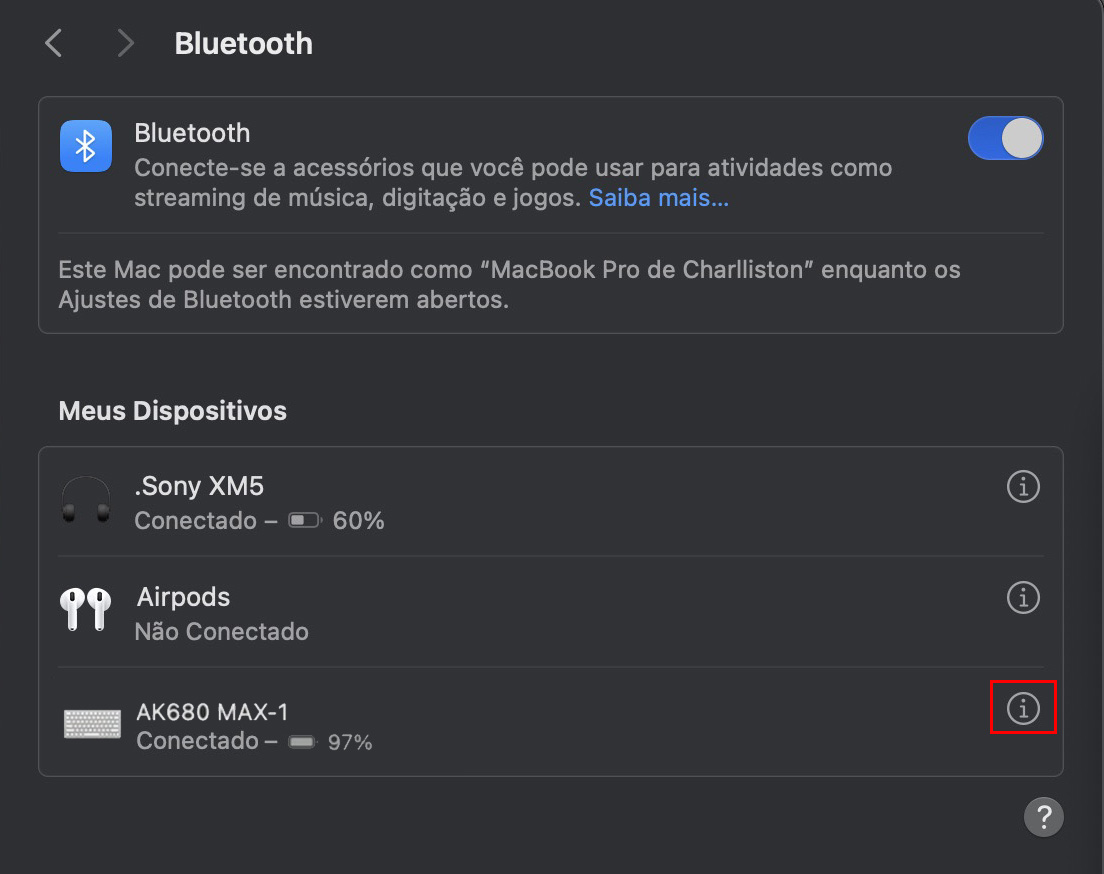 A janela de configurações do Bluetooth mostra todas as informações sobre o status atual do Bluetooth no Mac