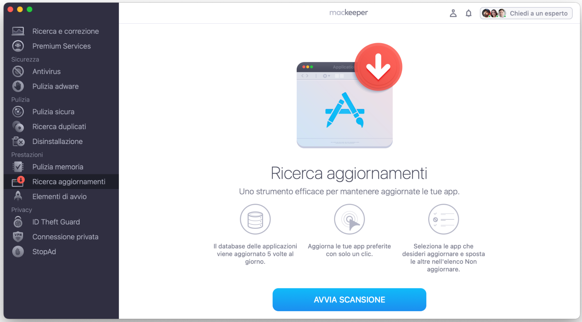 Per risolvere sfarfallio schermo macbook, aggiorna le app con Ricerca Aggiornamenti di MacKeeper: apri l’app, seleziona questa funzione e fai clic su Avvia scansione.