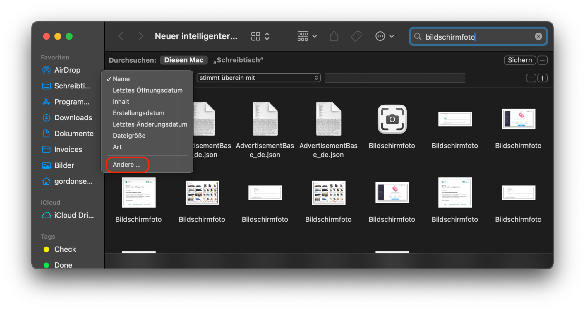 Legen Sie im neuen intelligenten Ordner Suchkriterien fest, um die verfügbaren Screenshots auf Ihrem Mac zu sortieren: nach Name, Inhalt, Art usw. Wählen Sie die gewünschte Option aus dem Dropdown-Menü aus.