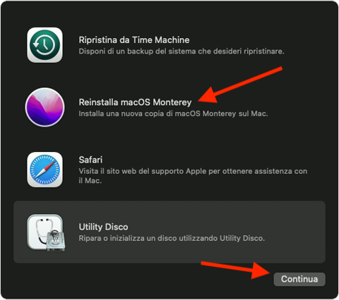 macOS Recovery su Mac mostra un elenco di opzioni di recupero. Seleziona Reinstalla macOS, poi fai clic su Continua per installare una nuova copia di macOS sul computer.