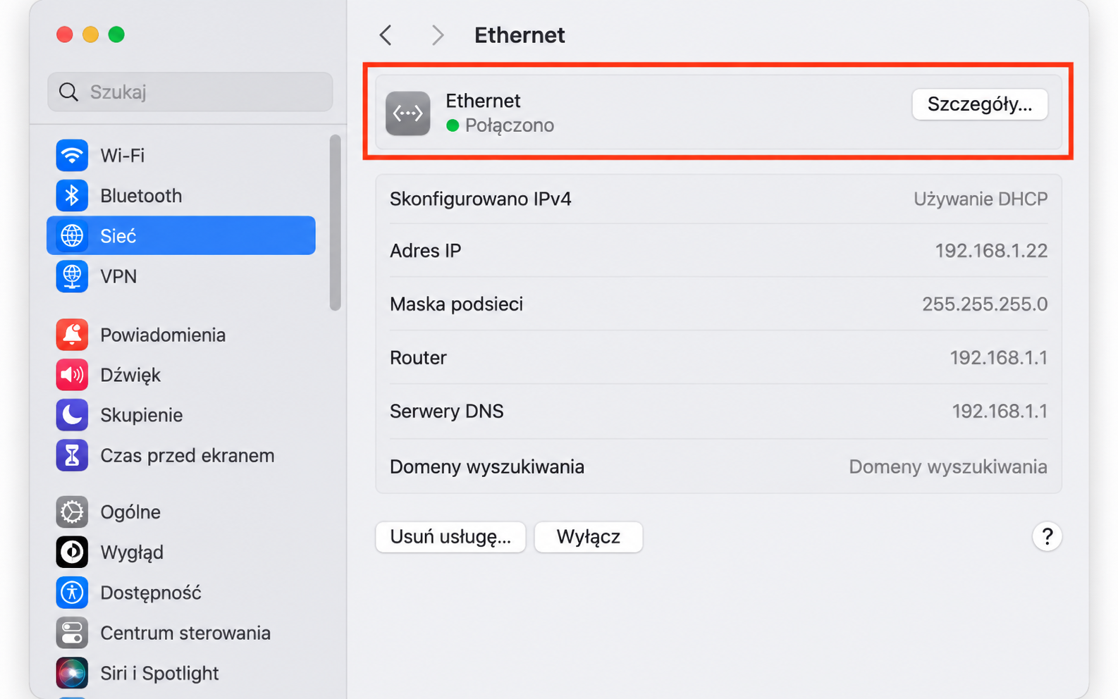 Podobnie jak w przypadku wyłączania Wi-Fi, możesz dezaktywować połączenie Ethernet na Macu w Ustawieniach systemowych. W tym celu wybierz Sieć > Ethernet.