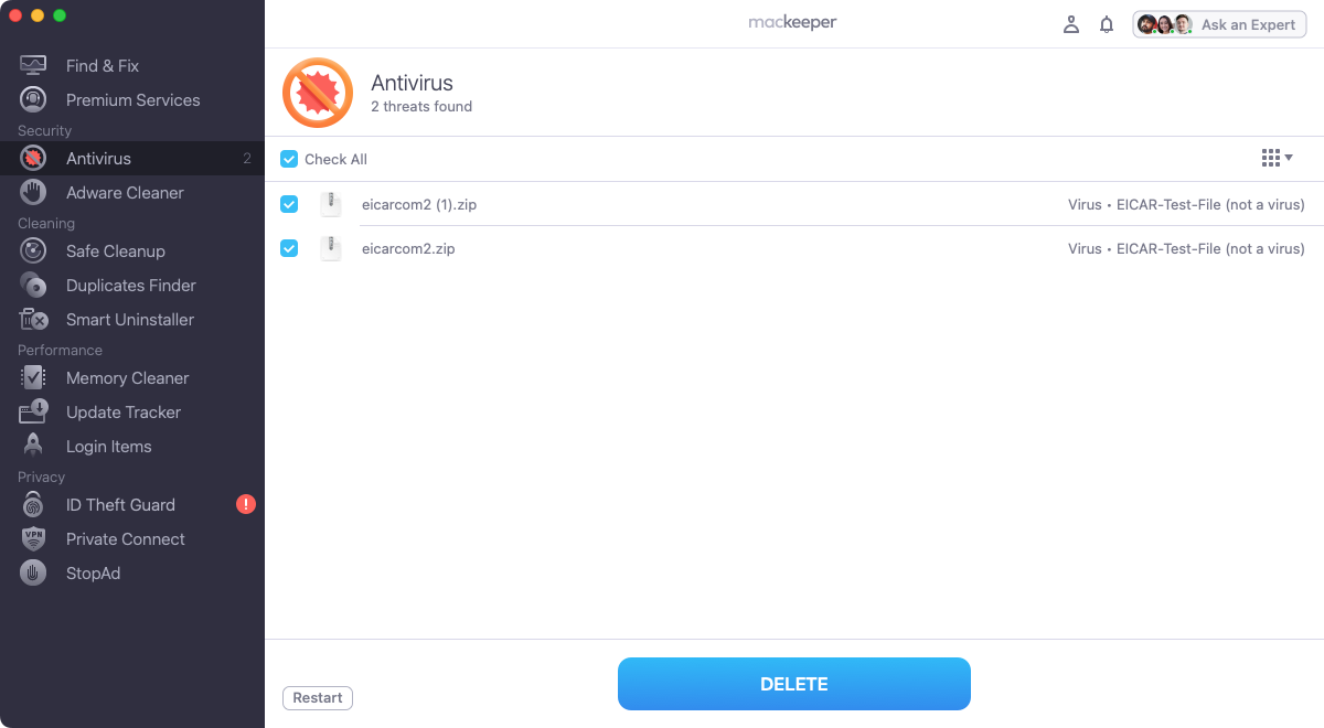 When MacKeeper has finished scanning your Mac, it will confirm whether it found any malware or not. If it did, look through the list and select what you want to remove. Click the 'Delete' button.