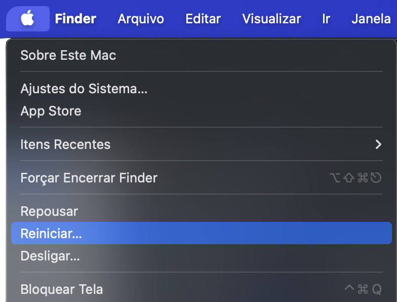 Se você não consegue esvaziar o Lixo no Mac, comece reiniciando o Mac. Vá em Logo da Apple > Ajustes do Sistema para iniciar o processo.