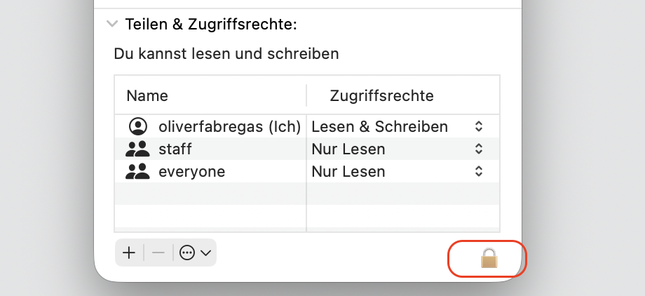 Am unteren Bildschirmrand erscheint ein Schloss-Symbol. Klicken Sie darauf, um die Berechtigungen und Datenschutzeinstellungen anzupassen und die Datei anschließend löschen zu können.