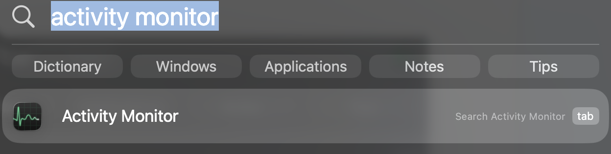 Activity Monitor appears on a Mac desktop. Type Activity Monitor and press Enter to fix Mac widgets not working on your MacBook device.