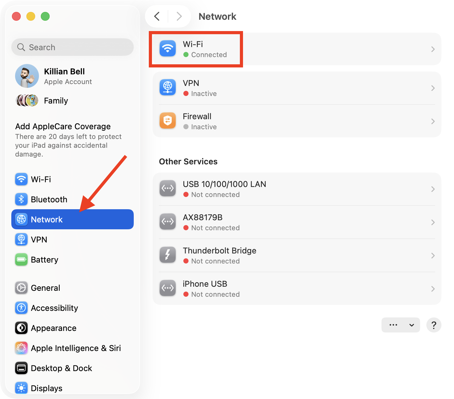 The Network menu in System Settings on Mac. After selecting your connection type, you can reset your DNS settings to fix the NSURLErrorDomain error -1012.