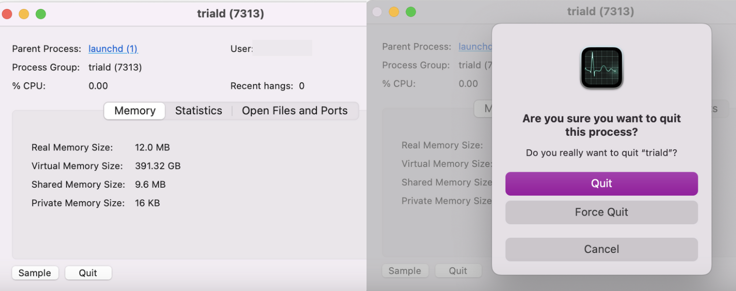 When you locate your triald process, right-click and press Quit to restart the process. You will then need to confirm your action by pressing Force Quit. Only then will the triald process restart on your Mac, hopefully improving CPU usage and performance.