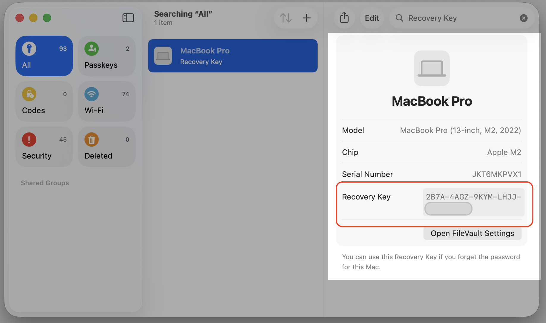 The Passwords app MacBook Pro entry on an Apple device revealing the FileVault Recovery Key field, ready to copy and save it somewhere safe.