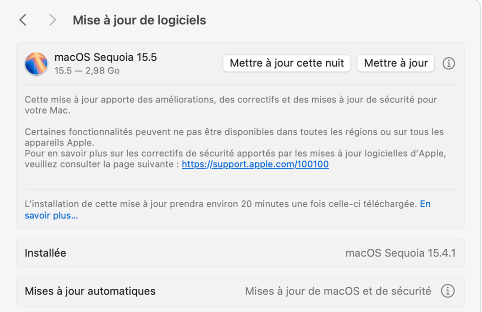 Cliquez sur Mettre à jour si vous avez besoin de mettre à niveau votre logiciel.
