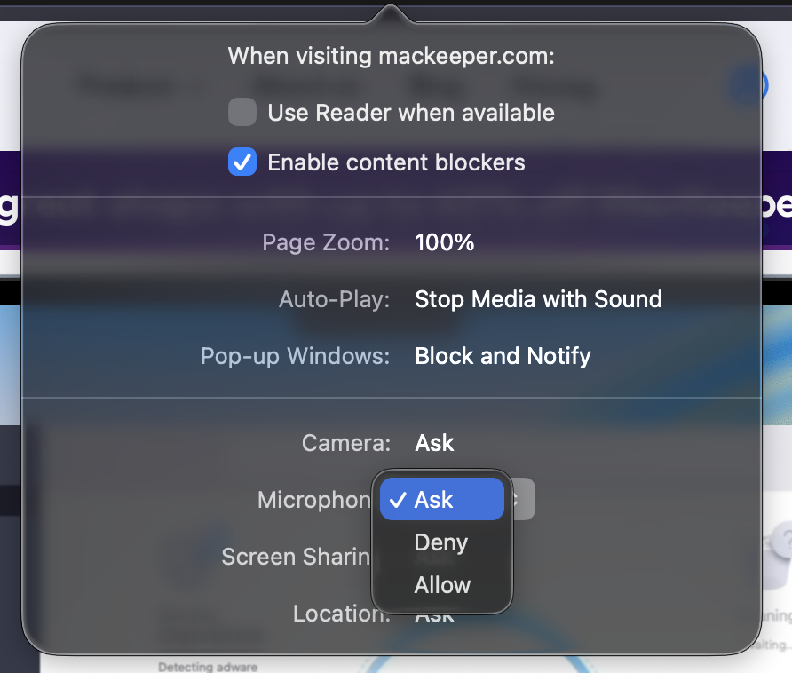 Now you must grant microphone access to a specific browser. In Microphone section, choose Allow in the list of options.
