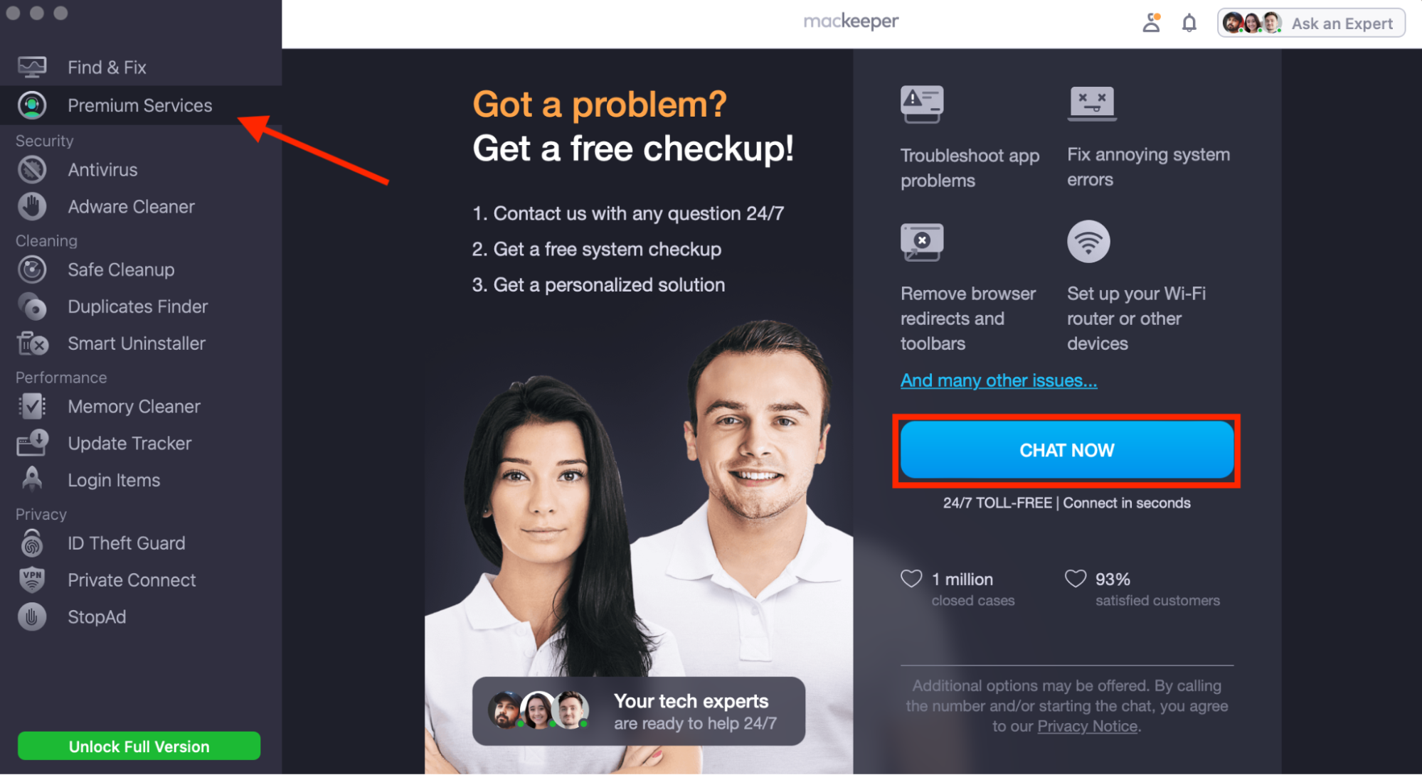 MacKeeper's Premium Services feature on Mac. Use this to get expert help with no startup disk errors on your macOS device.