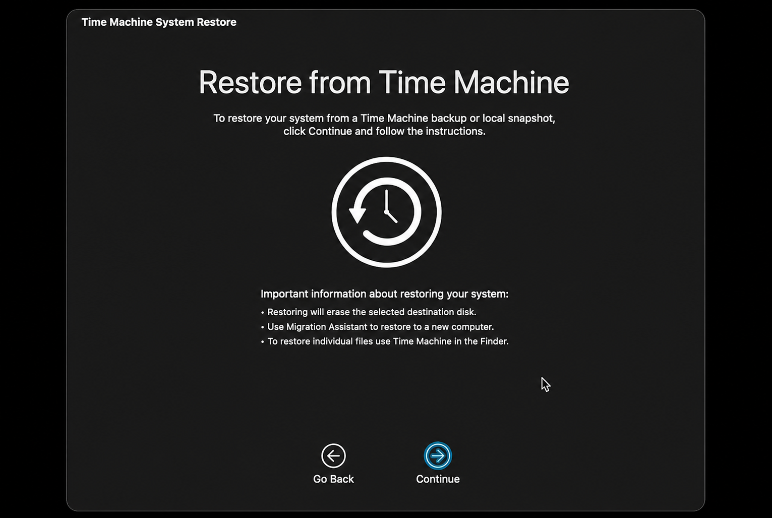 Restore From Time Machine screen in macOS Recovery on an Apple computer, with the Continue button to begin restoring backup.