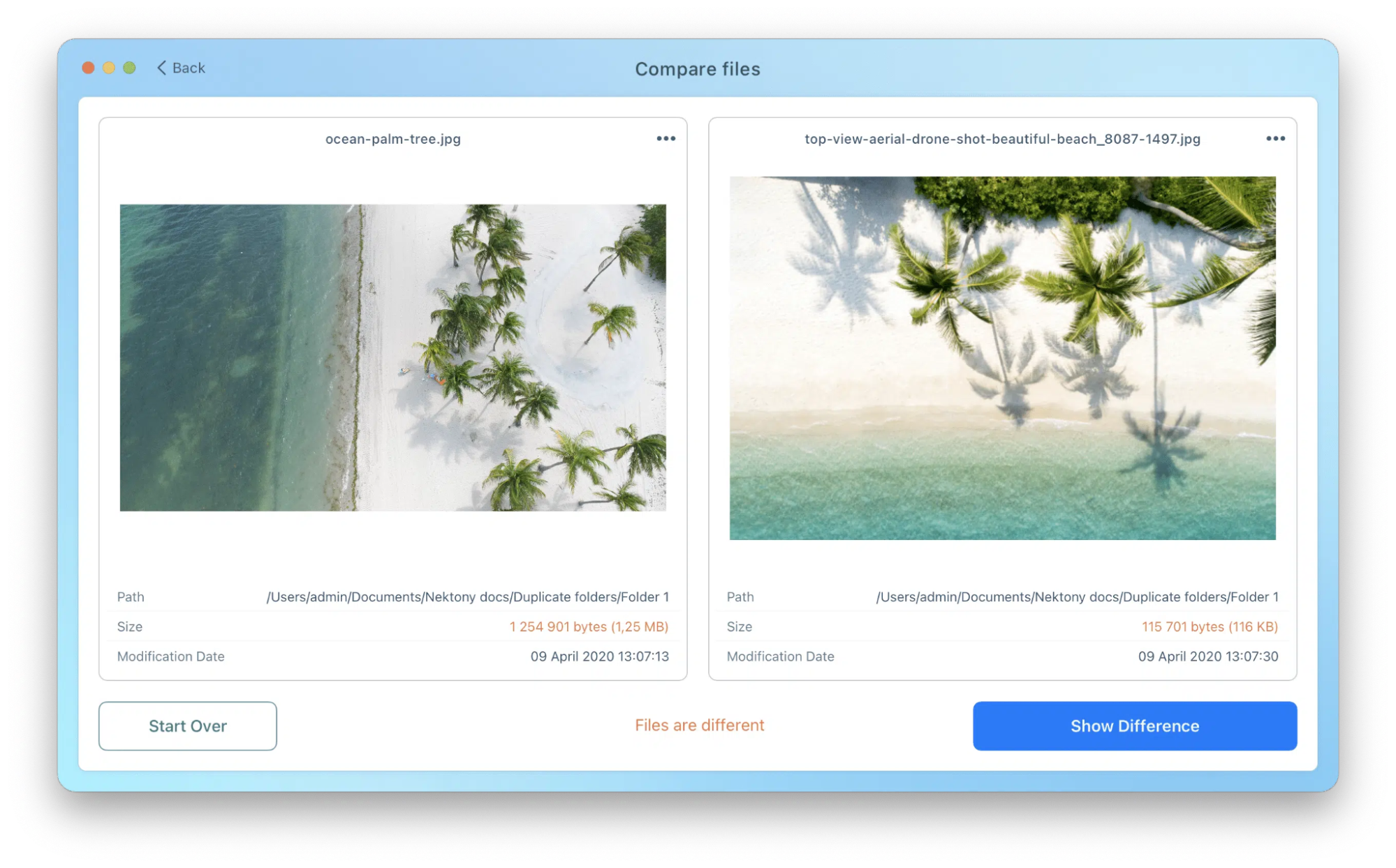Open the Compare files screen in Nektony to view side-by-side visual previews, paths, and metadata before deciding which file copy to keep.