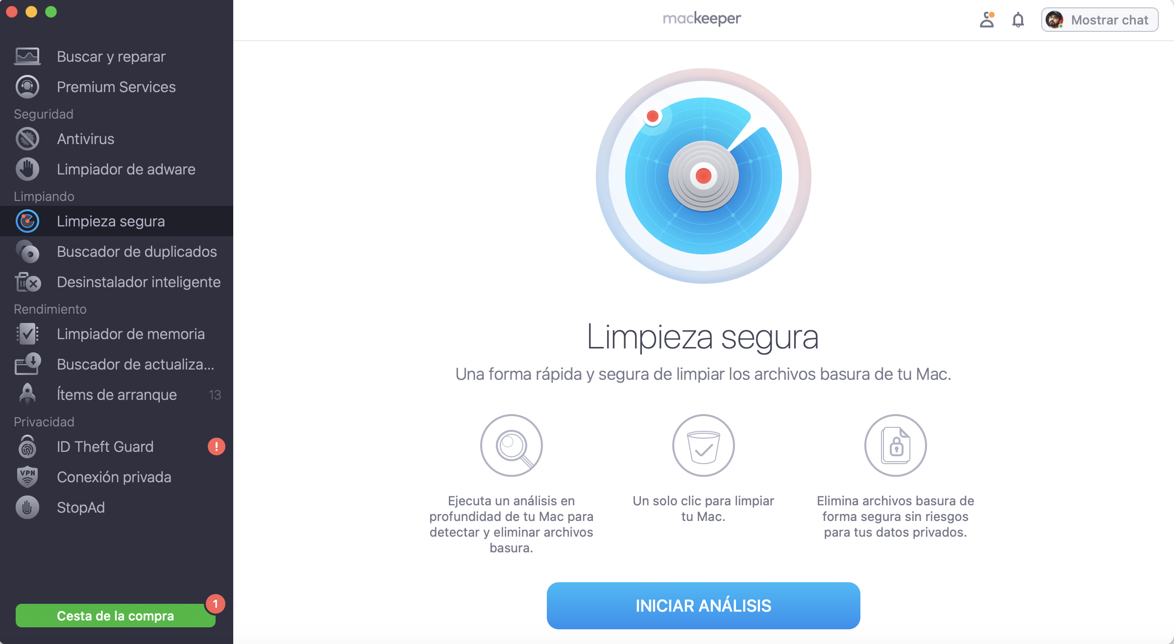 Si quieres utilizar MacKeeper como apoyo para limpiar el historial y las búsquedas recientes del navegador, abre la aplicación y selecciona Limpieza Segura. Después, haz clic en Iniciar análisis.
