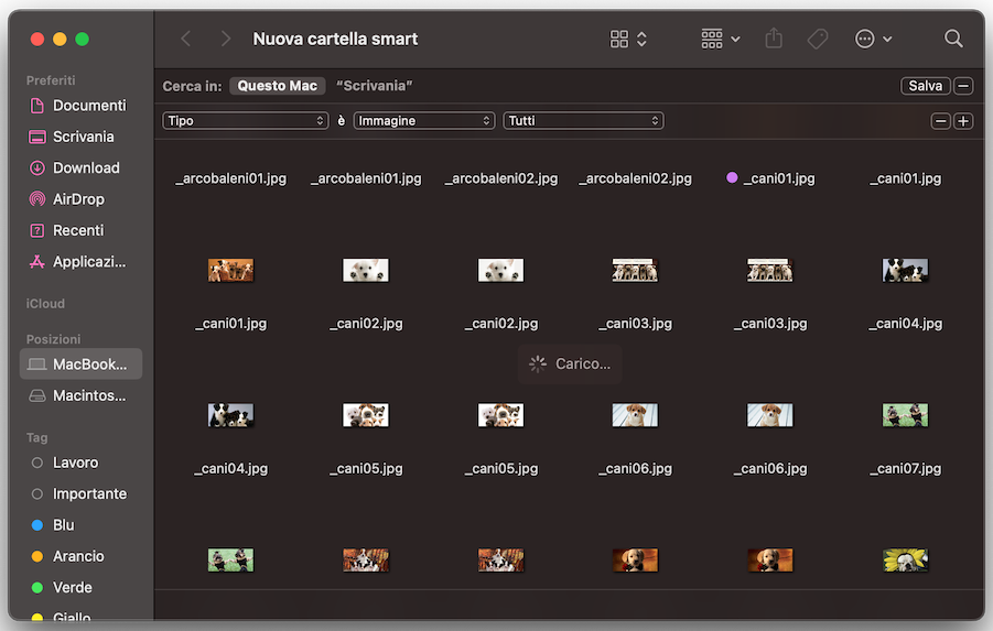 Il Finder su Mac mostra la funzione Cartella Smart. Seleziona un tipo di file, poi ordina l’elenco in ordine alfabetico per trovare i file duplicati.