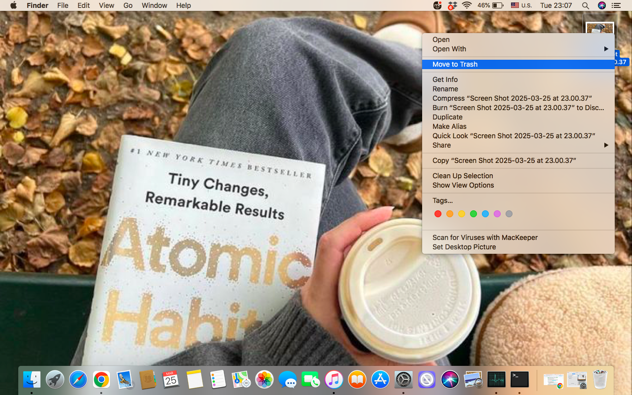 To get rid of unnecessary screenshots via Control-Click on your Mac, first select the screenshots with your cursor, then control-click the images using the Mac pad, and choose the Move to Trash option from the context menu.
