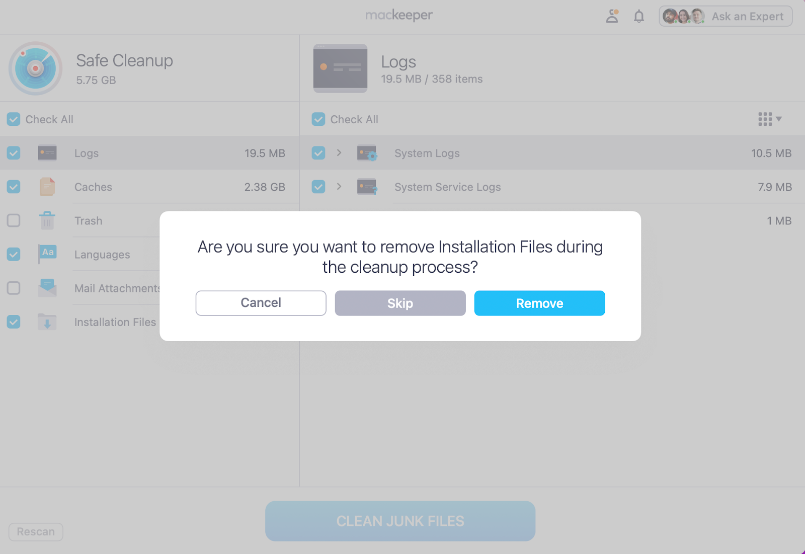 Tick all the cache MacKeeper has located and click Clear Junk Files. To confirm, press Remove, and all unnecessary cache and temporary files will be removed from your Mac.