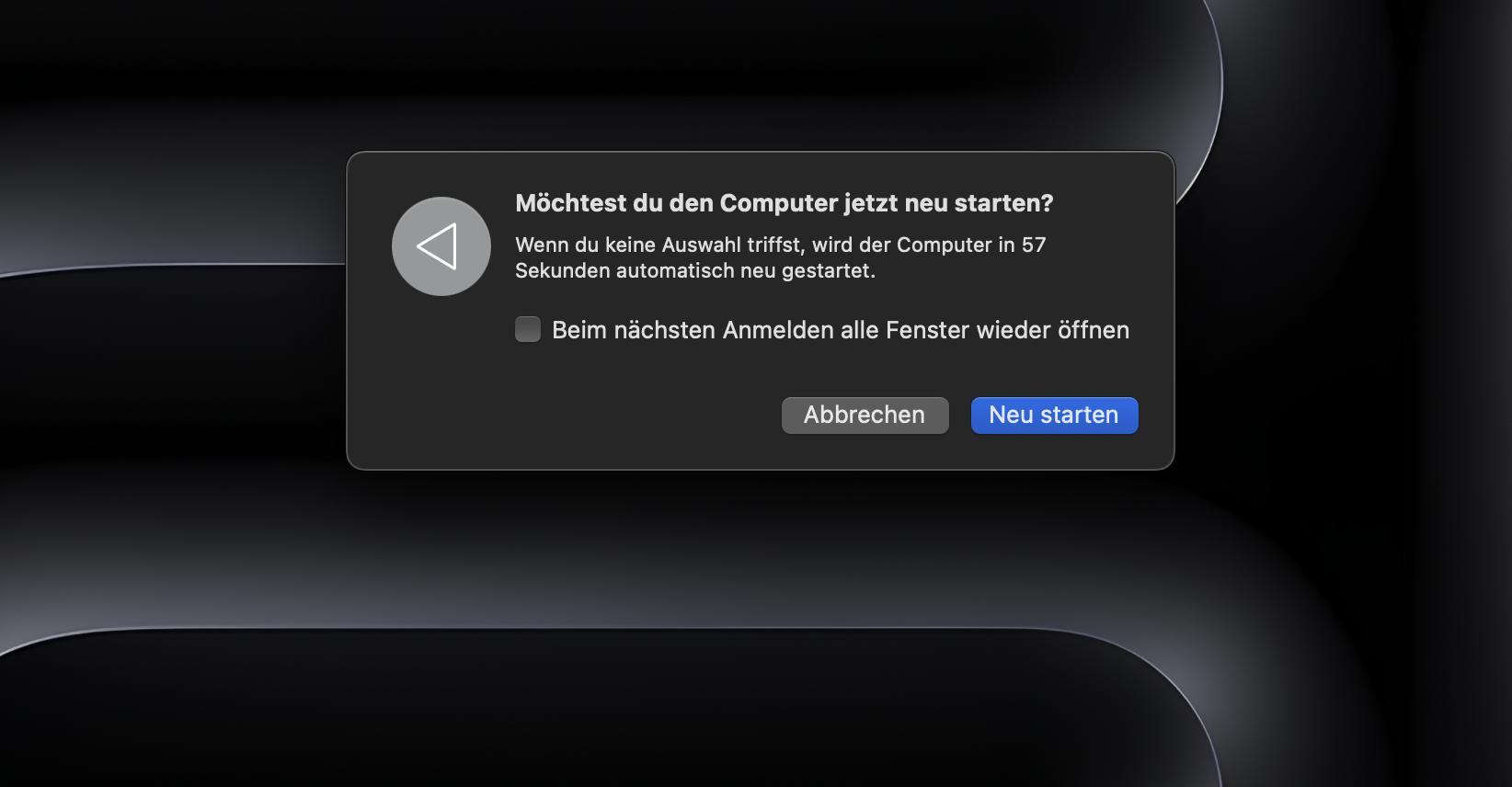 Um den Neustart Ihres Mac fortzusetzen, klicken Sie auf die Schaltfläche Neu starten, wenn dieses Dialogfeld angezeigt wird und Sie gefragt werden, ob Sie Ihren Computer jetzt neu starten möchten.