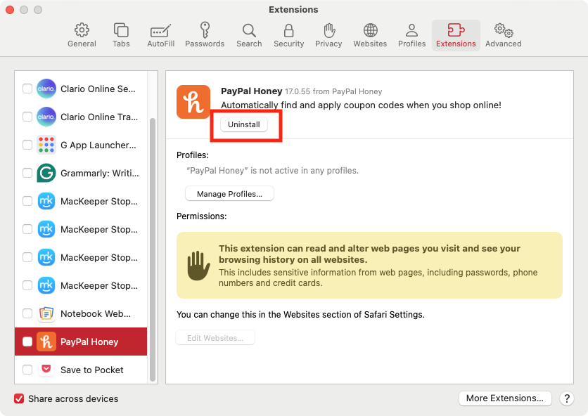 Next, it's time to check your Safari extensions. Open up the 'Extensions' area of Safari's settings, then look through the installed extensions, and click 'Uninstall' on any you want to remove.