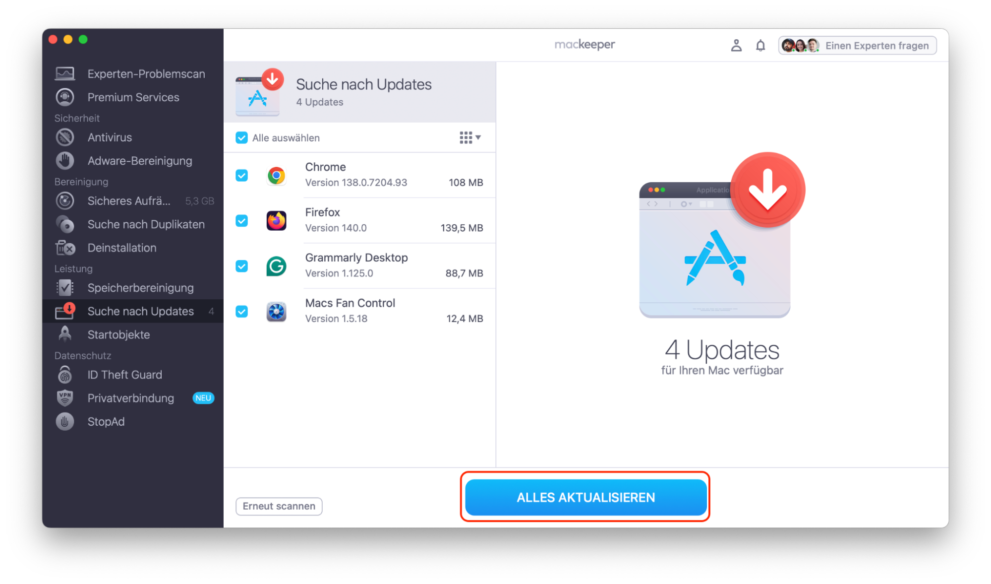 MacKeeper in macOS Monterey zeigt das Tool zur Suche nach Updates an. Wählen Sie die Apps aus, die Sie aktualisieren möchten, und klicken Sie dann auf die Schaltfläche Aktualisieren.