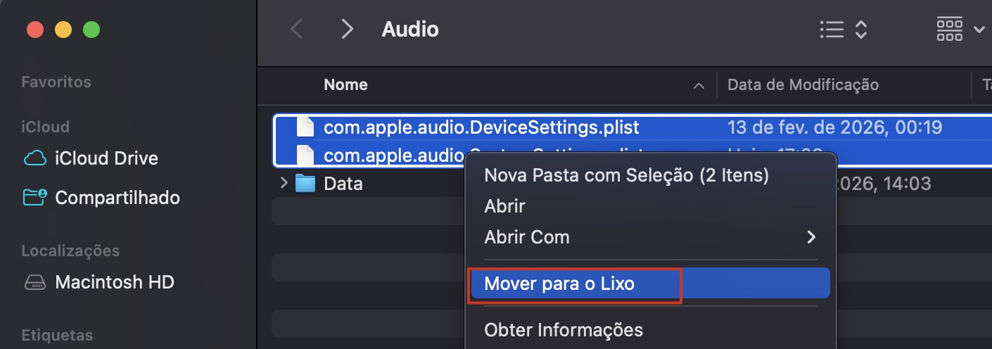 Uma vez dentro da pasta Audio do seu Mac, basta mover os arquivos .plist para o Lixo. Isso fará com que o seu Mac recrie esses arquivos.
