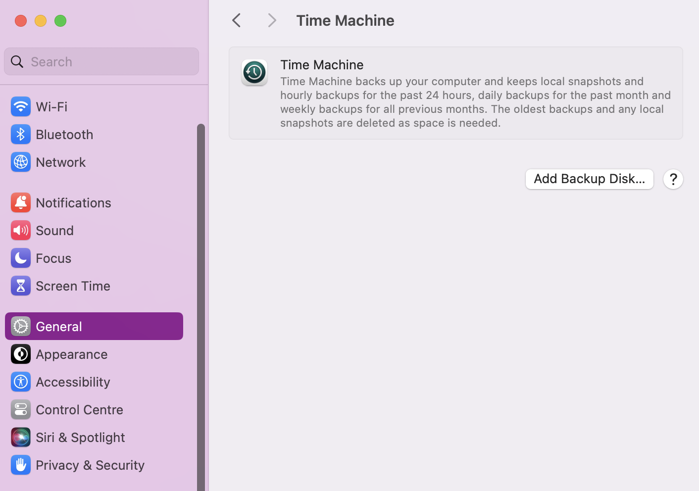 To get your backups ready with macOs built-in Time Machine, first open System Settings. Then scroll down to General and click Time Machine.