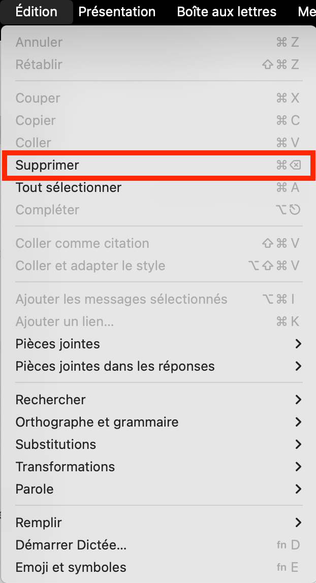 Le menu Édition de l'application Apple Mail avec l’option Supprimer mise en évidence. Comment supprimer les caches Mail sur Mac : vider la corbeille avec le menu Édition.