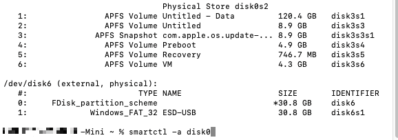 Type smartctl -a, then paste in the identifier you just copied, and press Return.