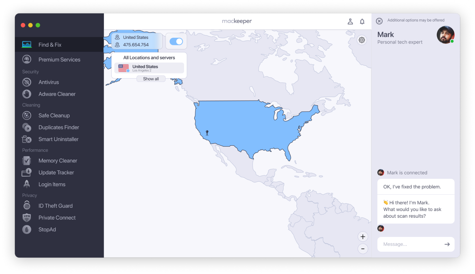 Enjoy the secure VPN connection right after enabling the location selected from the list with the help of MacKeeper 7 by toggling the button on.