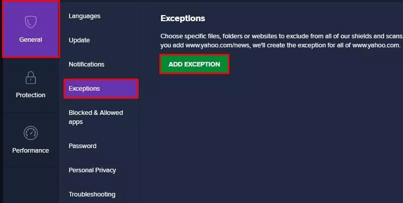 adding exceptions in avast