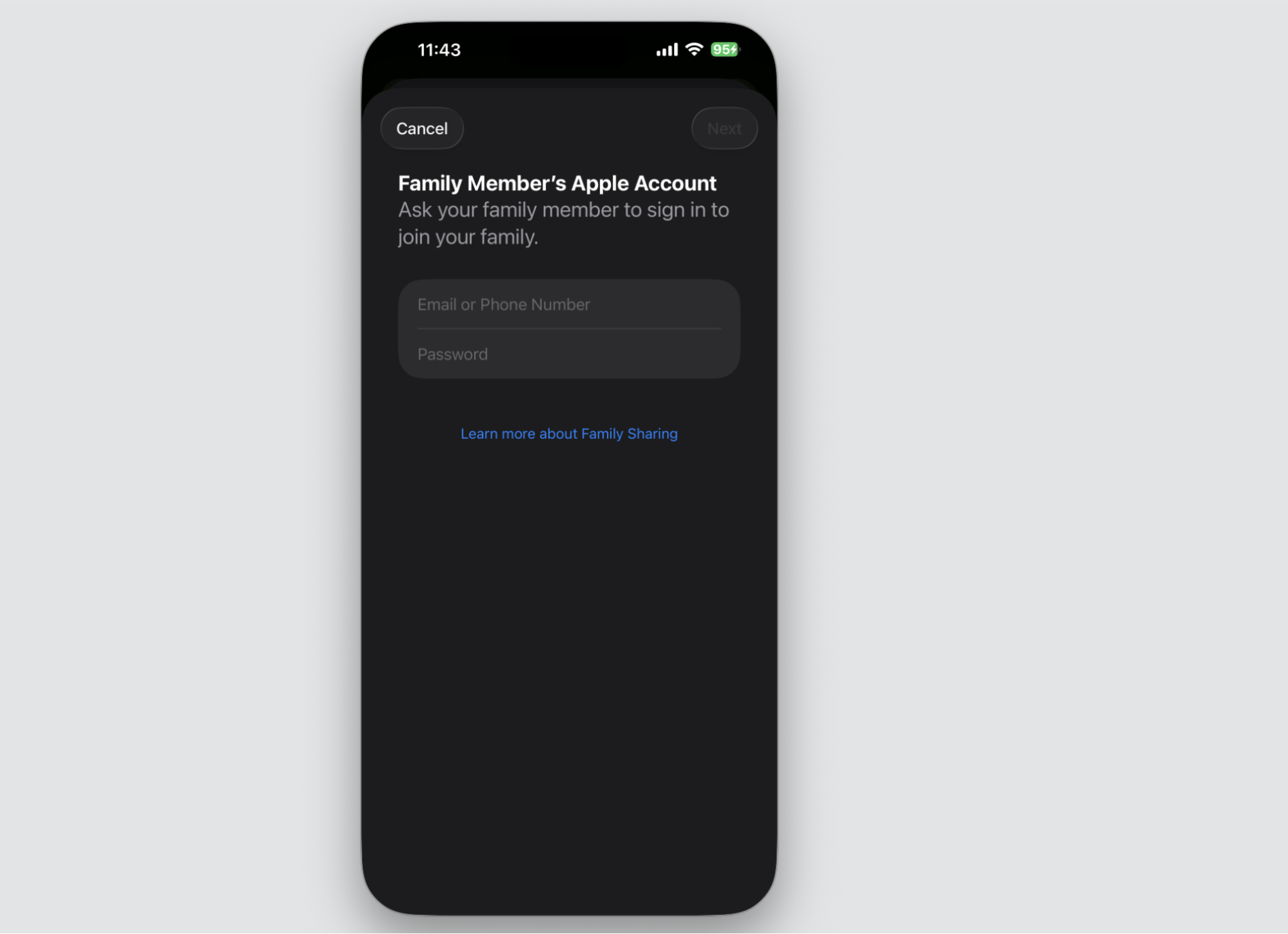 The Invite in Person screen on iPhone asking for a family member's Apple Account email and password to join your shared iCloud storage.