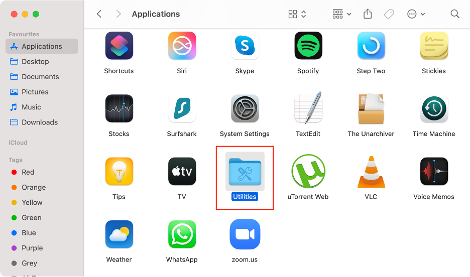 To remove a VPN app using Terminal, open Finder, go to the Applications folder, and access the Utilities folder.