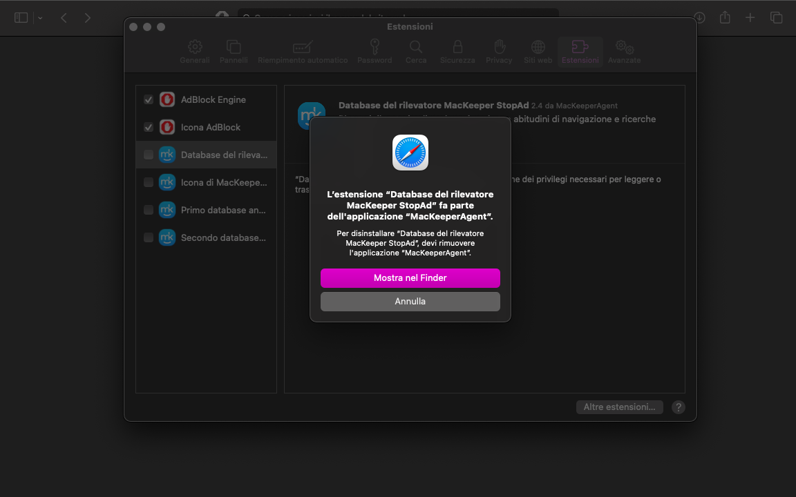 Dopo aver fatto clic su Disinstalla, è necessario fare clic su Mostra nel Finder. In questo modo si arriverà al punto in cui l'estensione è installata, in modo da poterla rimuovere.