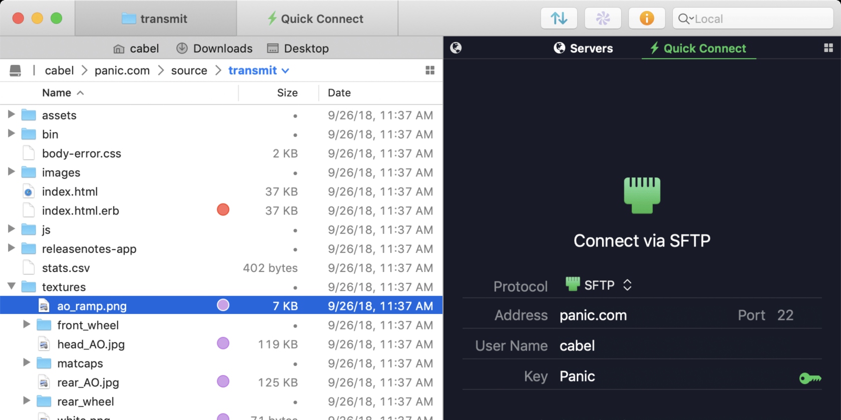Transmit 5 interface showing two tabs opened against a light background https://panic.com/transmit/#buy