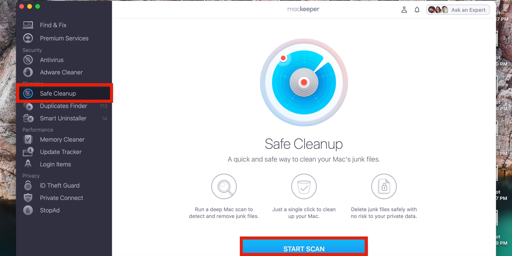 MacKeeper’s Safe Cleanup tool is opened in the MacKeeper app on Mac. The start scan button is outlined in red to get the process started.
