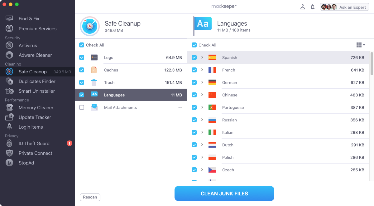 Using MacKeeper's Safe Cleanup feature, you can find and remove all kinds of unnecessary data, including used language files, which many programs will store on your Mac.
