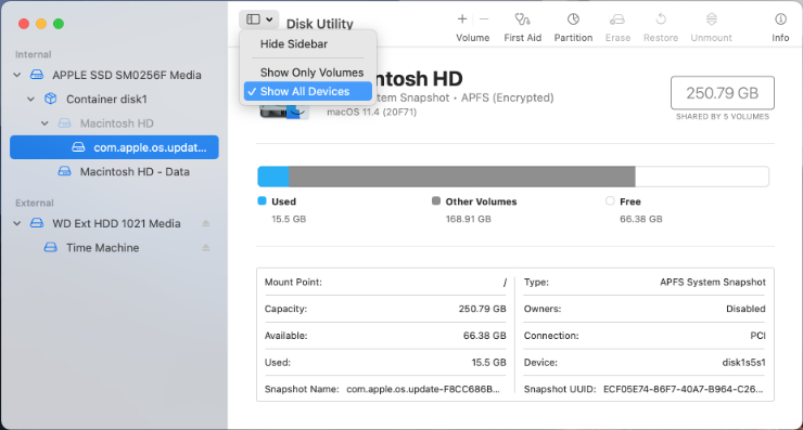 Disk Utility show all divides ticked Disk Utility show all divides ticked