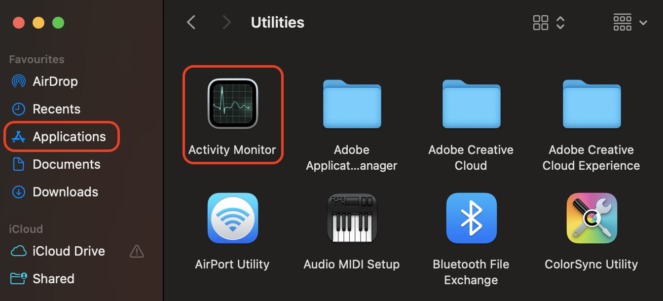Open Finder, navigate to your Applications folder, enter the Utilities subfolder, and double-click the Activity Monitor icon to launch the app.