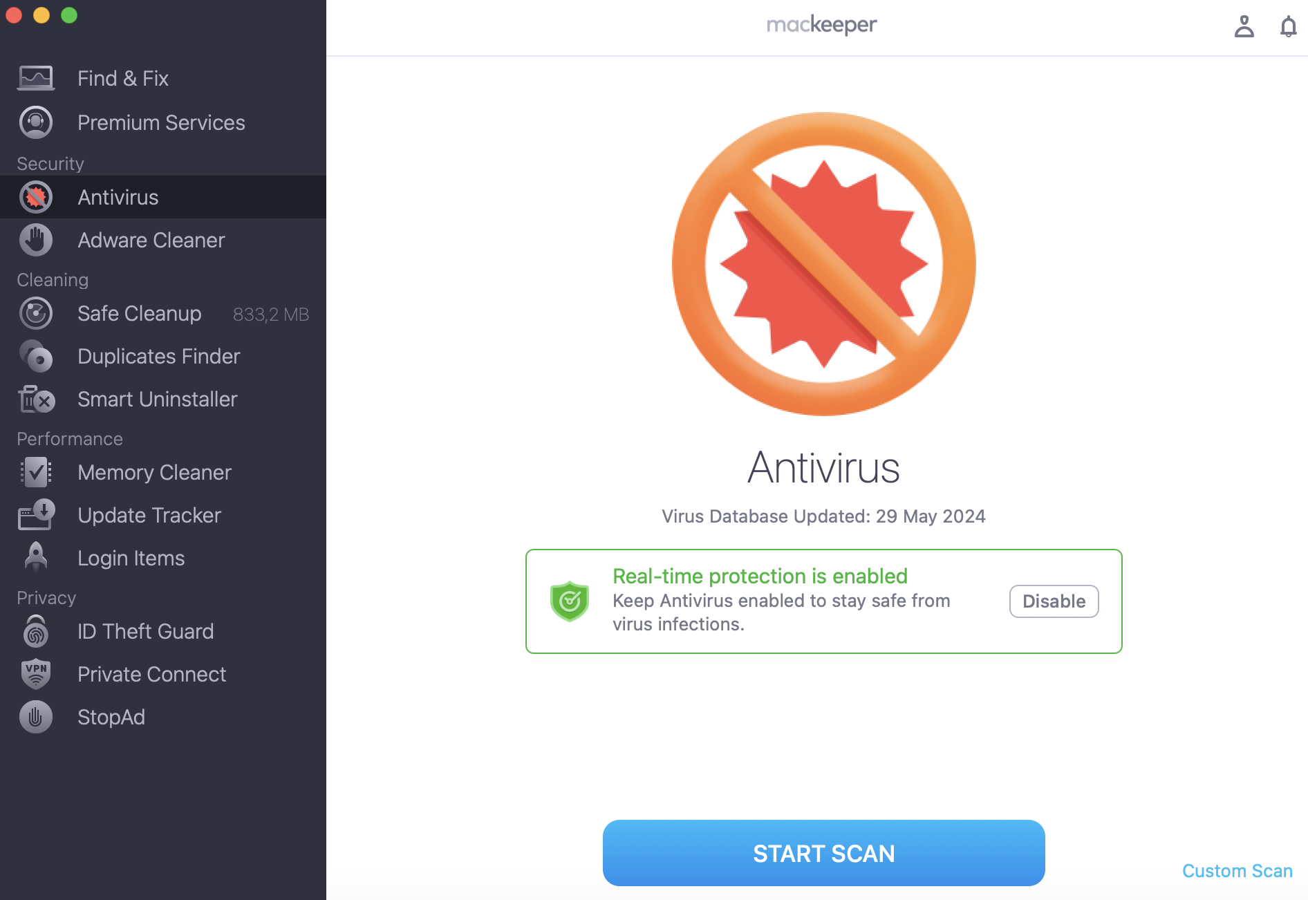 To check your Mac OS Sonoma for viruses with MacKeeper, open this app, choose Antivirus on the left, and start Scan.
