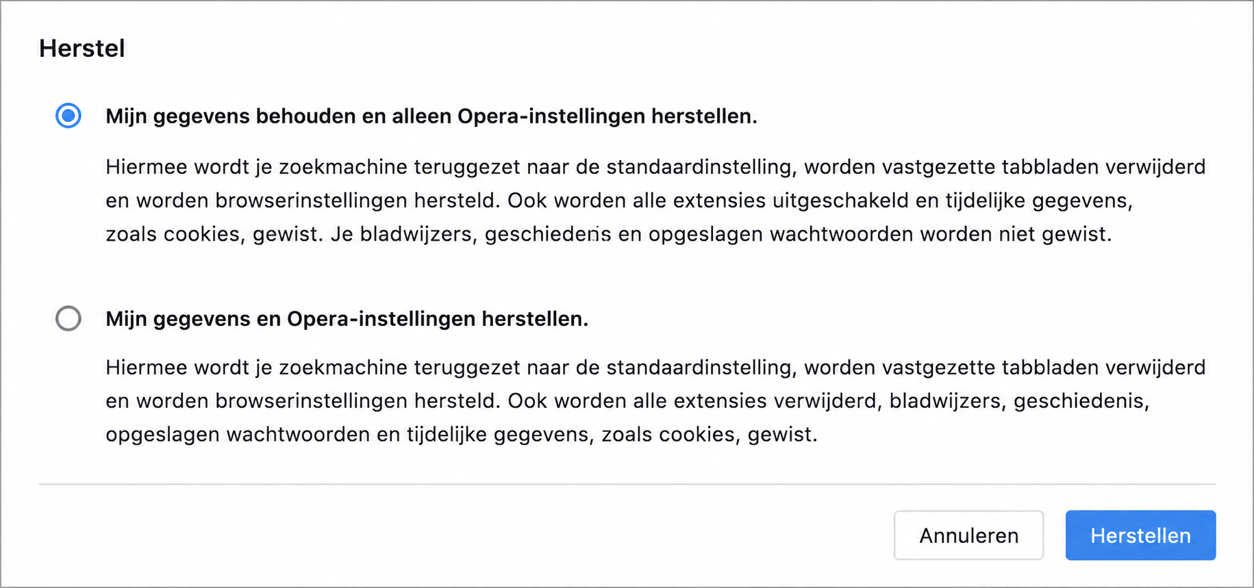 Een dialoogvenster in Opera op Mac, met twee opties beschikbaar voor het resetten van Opera. Hoe je Opera reset, een stap in een handleiding over hoe je valse McAfee pop-ups kunt stoppen op Mac.