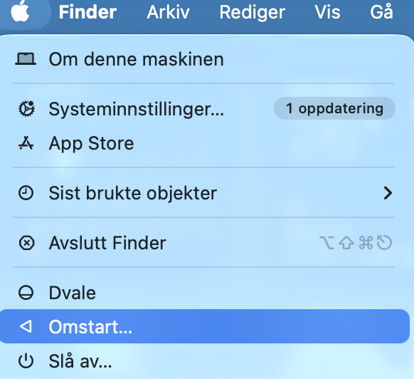 Hvis du opplever problemer etter å ha oppdatert macOS til nyeste versjon, er én løsning å starte Macen på nytt ved å klikke på Apple-ikonet og deretter velge Start på nytt.