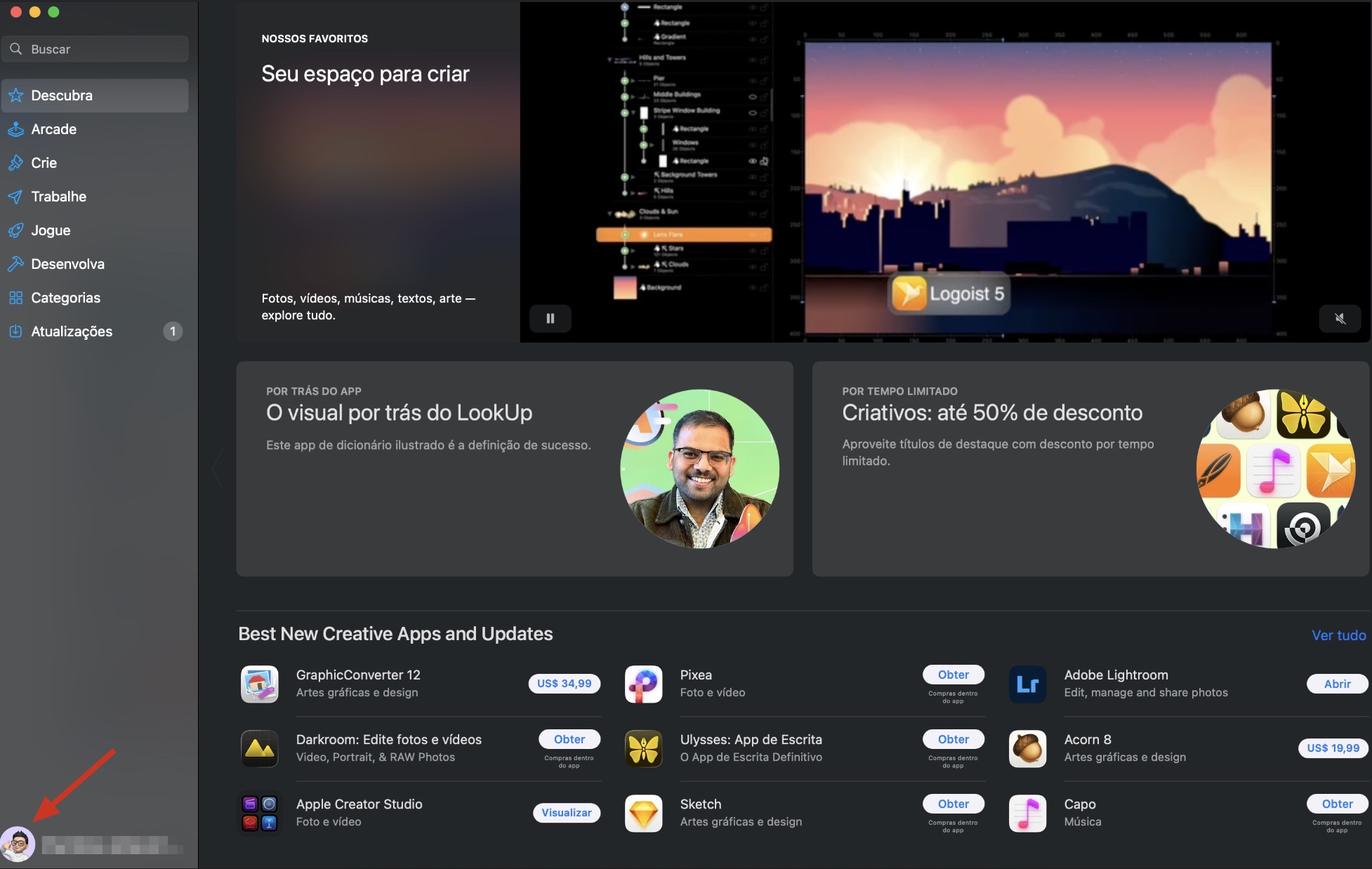 A App Store no Mac mostrando a tela Descobrir. Clique no seu nome ou faça login para acessar sua conta da App Store e migrar aplicativos para o seu novo Mac sem usar o Assistente de Migração.